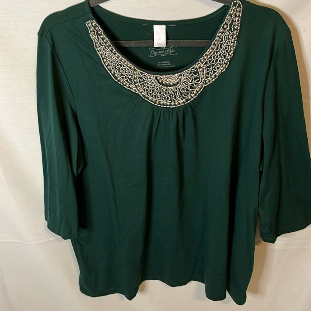 Crystal Kobe Emerald Green Beaded Neckline Top 2X